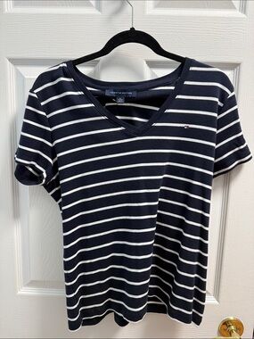 Tommy Hilfiger Navy & White Striped V-Neck Tee with Subtle Logo